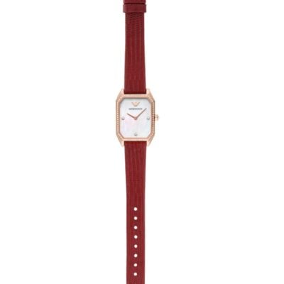 Emporio Armani Gianni T Bar Two-Hand Mother of Pearl Dial Red Leather Strap Watch For Women - AR11467